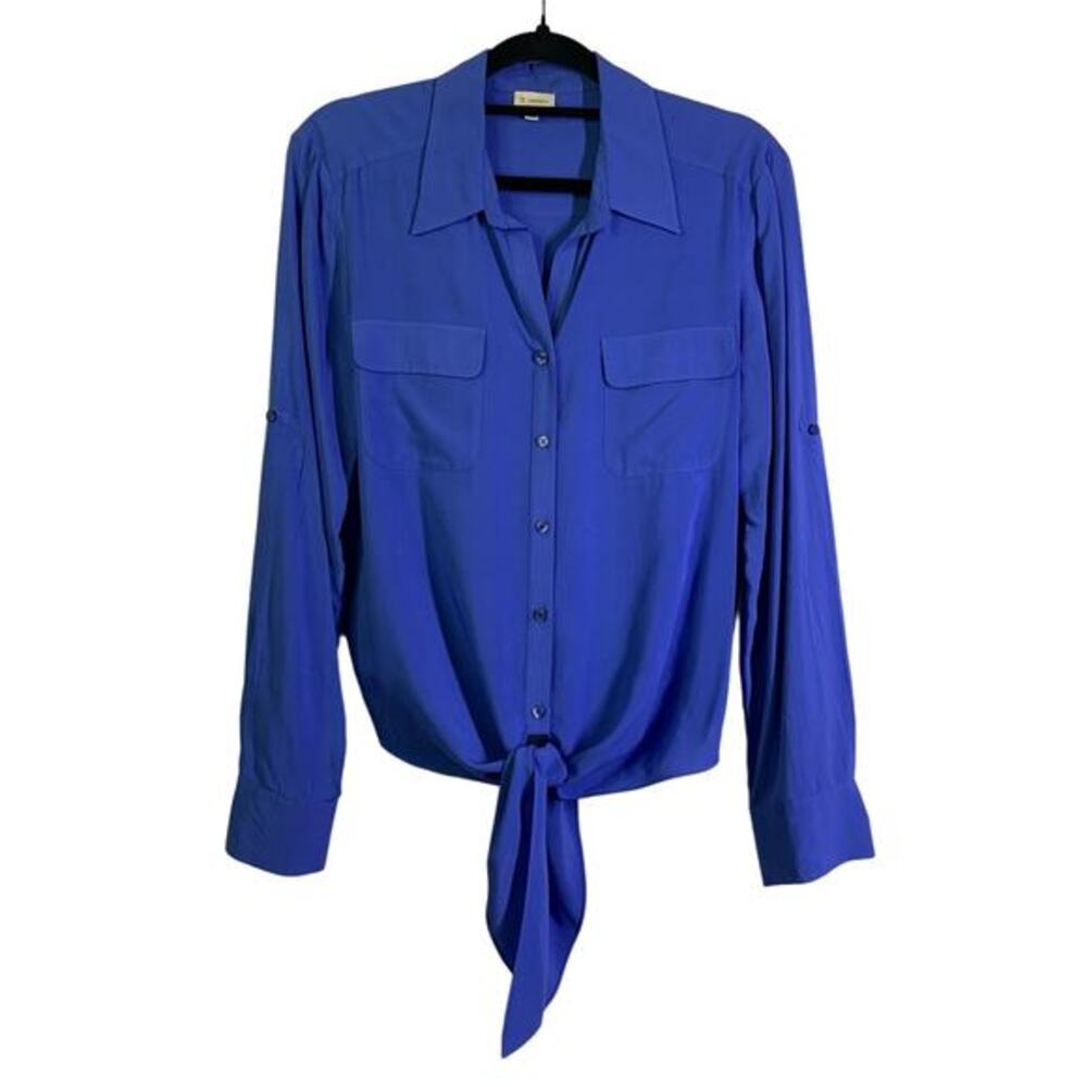 CREMIEUX Women's Blue Tie‎ Front Long Sleeve Button Down Blouse Size Medium